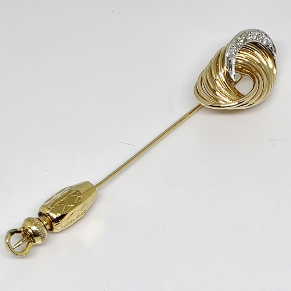 Vintage 14k Yellow Gold Genuine Diamond Lapel Stick Tie Pin Brooch 3.3 g - Picture 13 of 16